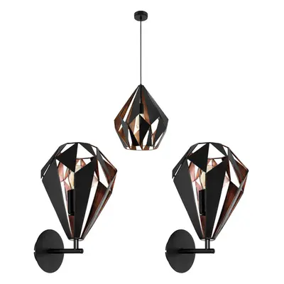 Ceiling Pendant & 2x Matching Wall Lights Black & Copper Shard Geometric Shade