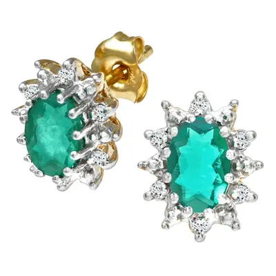 Jewelco London 9ct Yellow Gold Round 5pts Diamond Oval 0.9ct Emerald Cluster Stud Earrings - PE0