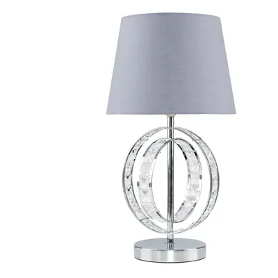 Modern Chrome Acrylic Jewel Intertwined Double Hoop Design Table Lamp with a Grey Polycotton Tap