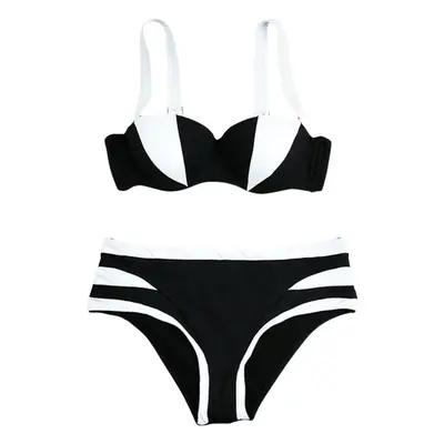 (White, M) Sexy Patchwork Backless Wireless Push Up Bikini Set