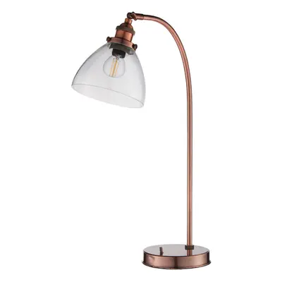 Industrial Curved Table Lamp Tarnished Copper & Glass Shade Modern Bedside Light