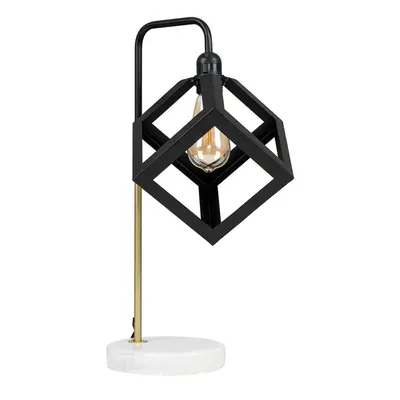 Retro Black/Gold Effect Metal & White Marble Table Lamp with a Black Metal Puzzle Cube Light Sha