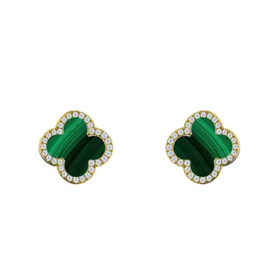 Jewelco London Gold-plated Silver Green Clover Malachite & CZ Halo Lucky Charm Earrings 11mm - A