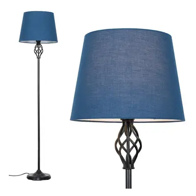 Traditional Style Black Barley Twist Floor Lamp with a Navy Blue Tapered Light Shade