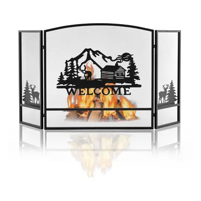 3-Panel Folding Fire Screen 75cm Tall Mesh Spark Guard w/Pattern