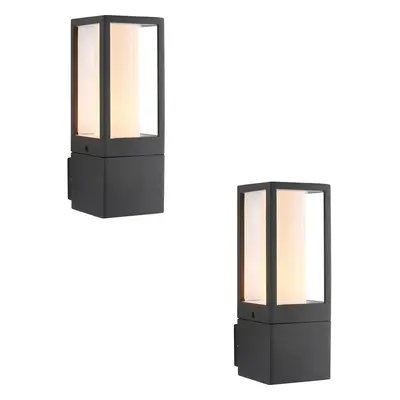 2 PACK Outdoor Box Lantern Wall Light - 7W LED GU10 - Textured Grey & Opal Pc