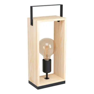 Table Lamp Desk Light Black & Natural Steel & Wood Box x 40W E27 Bulb