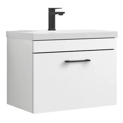 Rio Drawer Wall Hung Vanity Basin Unit - 600mm - Gloss White with Square Black D Handle (Tap Not