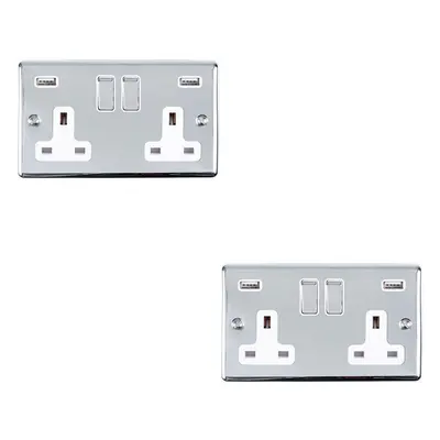 2 PACK Gang Single UK Plug Socket & 2.1A USB CHROME & White 13A Switched