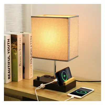 Table Lamp with Phone Stands Dimmable USB Lamp Grey Table Lamp Built in USB Ports & AC Outlet, B