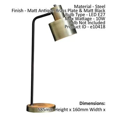 Table Lamp Matt Antique Brass Plate & Matt Black 10W LED E27 Bedside Light