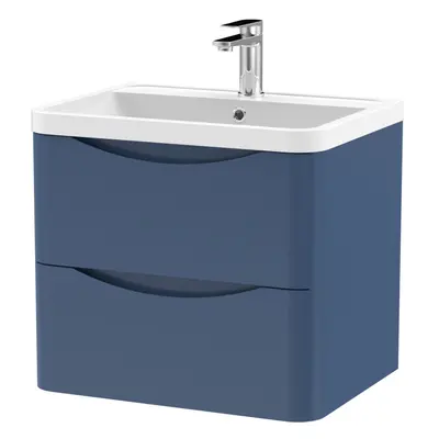 Wall Hung Drawer Vanity Basin Unit with Polymarble Basin, 600mm - Satin Blue