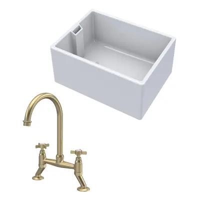 Fireclay Kitchen Bundle - Single Bowl Belfast Sink & Bridge Crosshead Mixer Tap, 615mm - Brushed