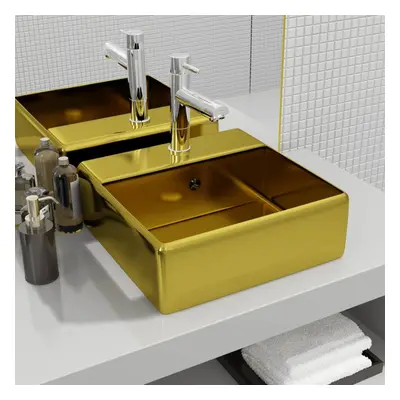 vidaXL Wash Basin with Overflow 41x41x15cm Ceramic Gold Sink Wash Bowl Unit