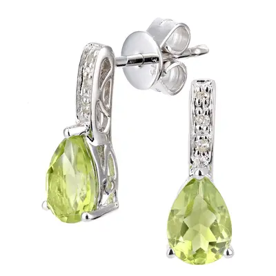 Jewelco London 9ct White Gold Round 3pts Diamond Pear 0.9ct Peridot Teardrop Drop Earrings - DE1