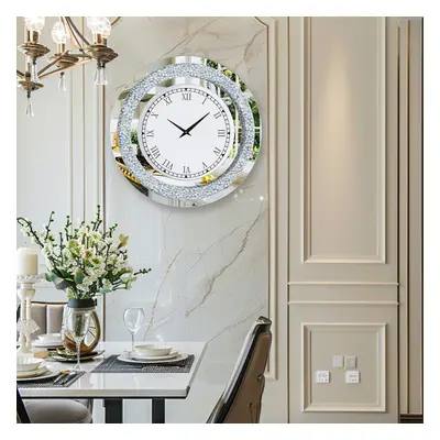 (Silver) Crushed Diamond Mirrored Wall Mirror Clock