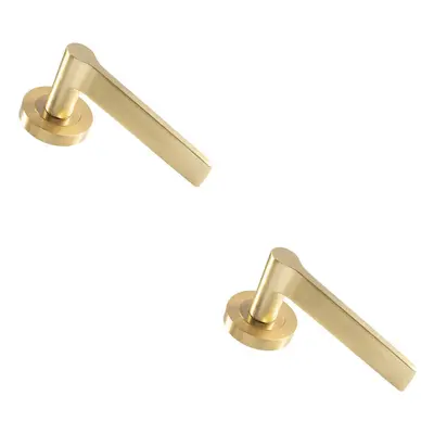 2x PAIR Straight Rounded Handle on Round Rose Concealed Fix Satin Brass