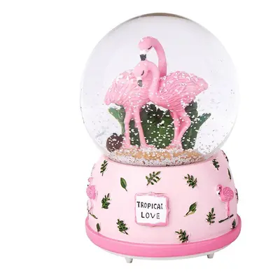 Cute Flamingo Snow Crystal Ball With Light Music Box Theme Musical Birthday Present