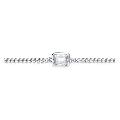 Jewelco London Ladies Rhodium Plated Sterling Silver Radiant CZ Bezel Solitaire Curb Chain Brace