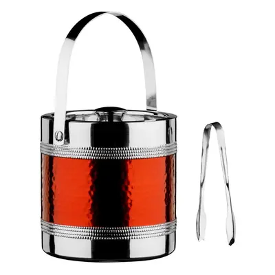 Ice Bucket and Tongs with Hammered Red Band - Stainless Steel