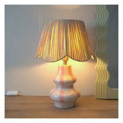 ValueLights Perrie Ceramic Pink Stripe Table Lamp with Raffia Shade