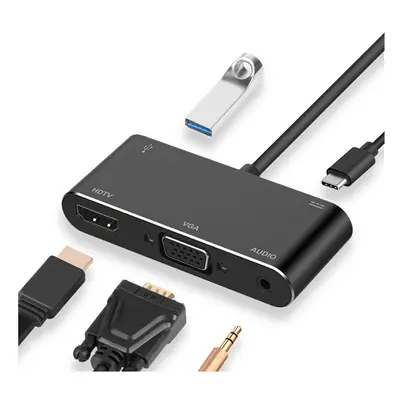 (Black) In HUB Adapter Type C To HDTVVGAUSB 3.0USB-C3.5mm Jack Adapter Converter For Macbook Lap