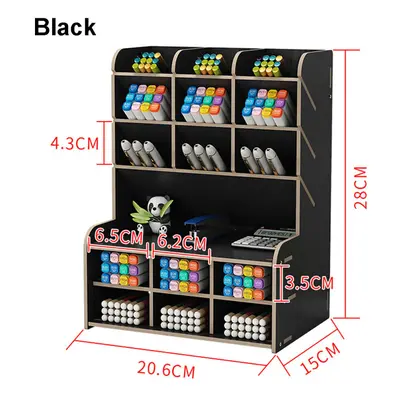 (Black) Layers Wooden Pen Holder Desk Organizer Multi-Functional DIY Storage Box Desktop Station