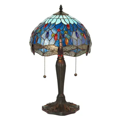 Tiffany Glass Table Lamp Light Dark Bronze Base & Blue Dragonfly Shade i00193