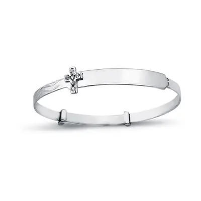 Jewelco London Kids Rhodium Plated Sterling Silver Round Cubic Zirconia Expanding Baby Bangle Br