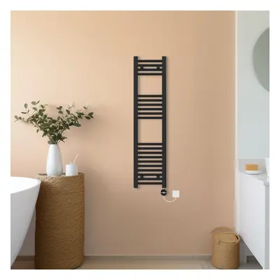 (Black, 1200x300mm) NRG Prefilled Thermostatic Electric Straight Heated Towel Rail Radiator