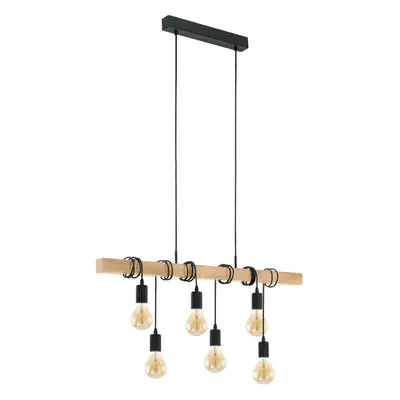 Hanging Ceiling Pendant Light Black & Wood 6x E27 Kitchen Island Multi Lamp