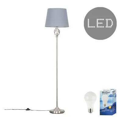 Traditional Style Satin Nickel Barley Twist Floor Lamp with a Grey Tapered Light Shade - Complet