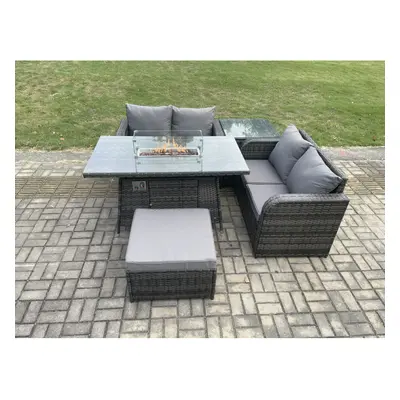 Fimous Rattan Garden Furniture Set with Gas Fire Pit Table Pieces Outdoor Loveseat Sofa Set Dark