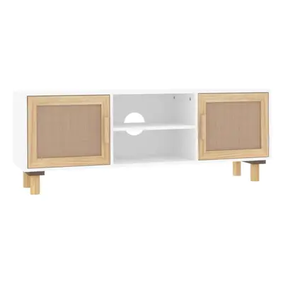 (White) vidaXL TV Cabinet TV Stand Media TV Unit Solid Wood Pine and Natural Rattan