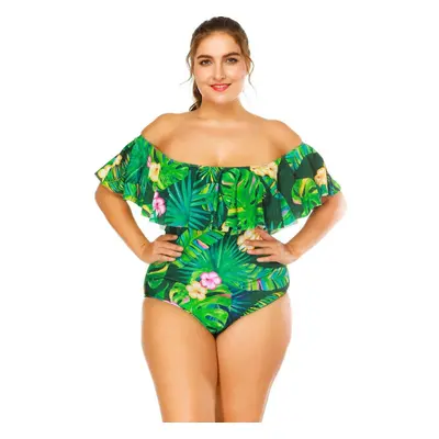 (Green Flower, L) Sexy Women Floral Print Strappy Swimsuit One Piece Ruffle Trim Padding Beachwe