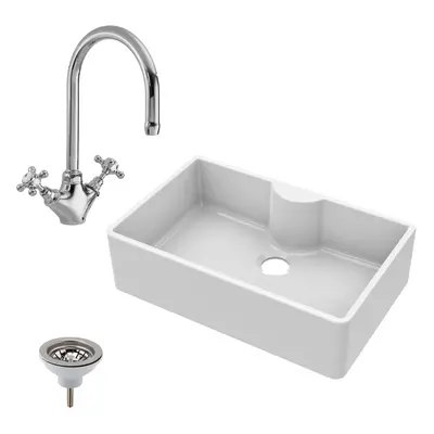 795mm - Fireclay Bowl Butler Kitchen Sink - Mono Mixer Tap, Tap Ledge & Waste