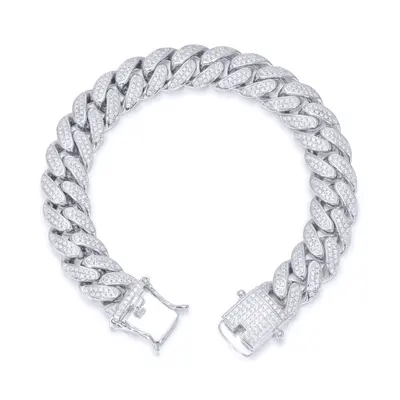 Jewelco London Rhodium Silver Round CZ Encrusted Cuban Curb 12mm Chain Bracelet - ABB199-7.5