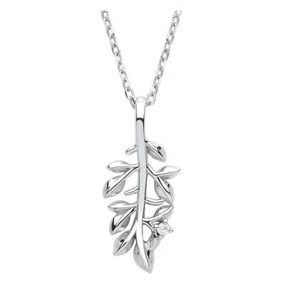 Jewelco London Ladies Rhodium Plated Sterling Silver CZ Olive Leaf Branch Pendant Necklace + inc