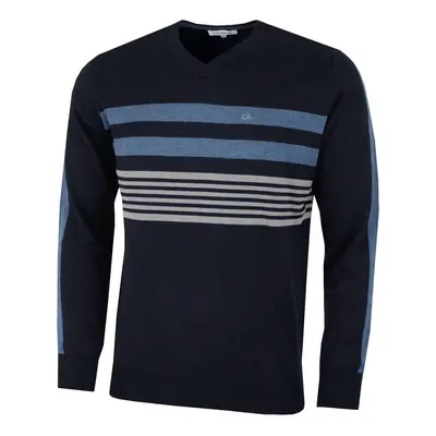 (L, Navy) Calvin Klein Mens V-Neck Performance Soft Chest Stripe Sweater