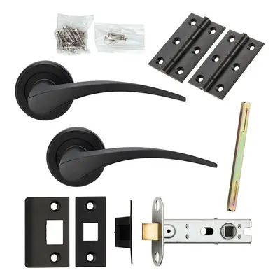 Door Handle & Latch Pack Matt Black Slim Arched Lever Screwless Round Rose