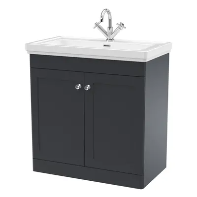 Traditional Floor Standing Door Vanity Unit with Tap Hole Fireclay Basin, 800mm - Soft Black