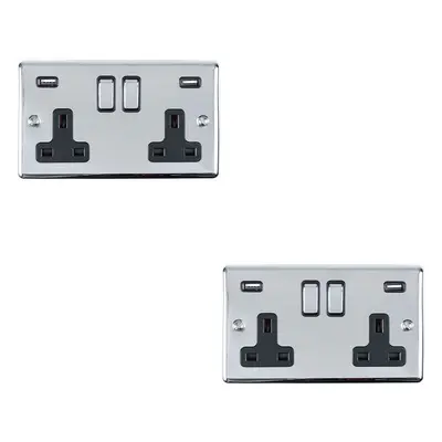 2 PACK Gang Single UK Plug Socket & 2.1A USB CHROME & Black 13A Switched