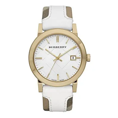 Burberry BU9015 Women's Swiss Heymarket Check Fabric and White Leather Band White Dial Watch