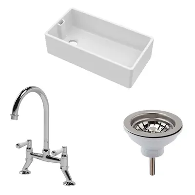 Fireclay Kitchen Bundle - Single Bowl Belfast Sink, Strainer Waste & Bridge Mixer Tap, 895mm - C