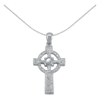 Jewelco London Rhodium Plated Sterling Silver Celtic Knot Cross Pendant Necklace 41mm inch - APX