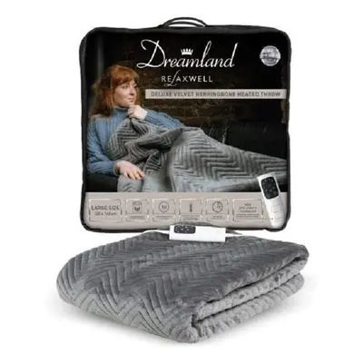 Dreamland Deluxe Velvet Herringbone Heated Throw Grey Intelliheat+ Minute Fast Heat Electric Thr