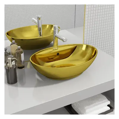 vidaXL Wash Basin with Overflow 58.5x39x21cm Ceramic Gold Sink Wash Bowl Unit