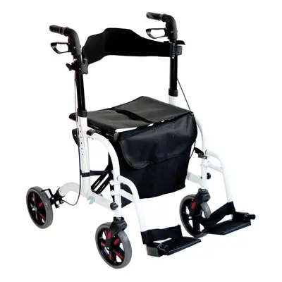 White Deluxe Aluminium Rollator and Transit Chair 2-in-1 Dual Function Walker