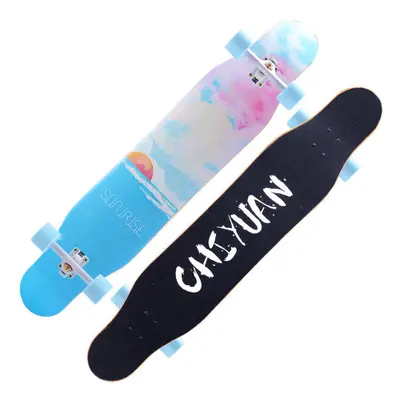 (White blue) 118x23cm 7-layer Maple Longboard with Silent Bearing and Sandpaper Brush Street Dan