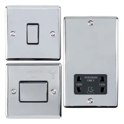 CHROME Bathroom Switch Set -1 Light | Fan Isolator | Twin Shaver Socket